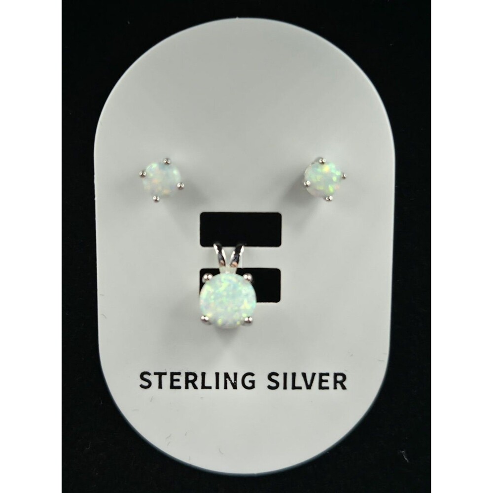 White Lab Opal Silver Round Stone Set: Earrings 4mm,pendant 6mm